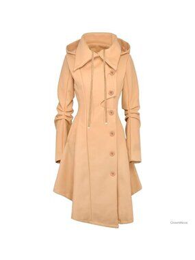 Women's Long Trench Pea Coat Hooded Goth Steampunk Overcoat Knee Length